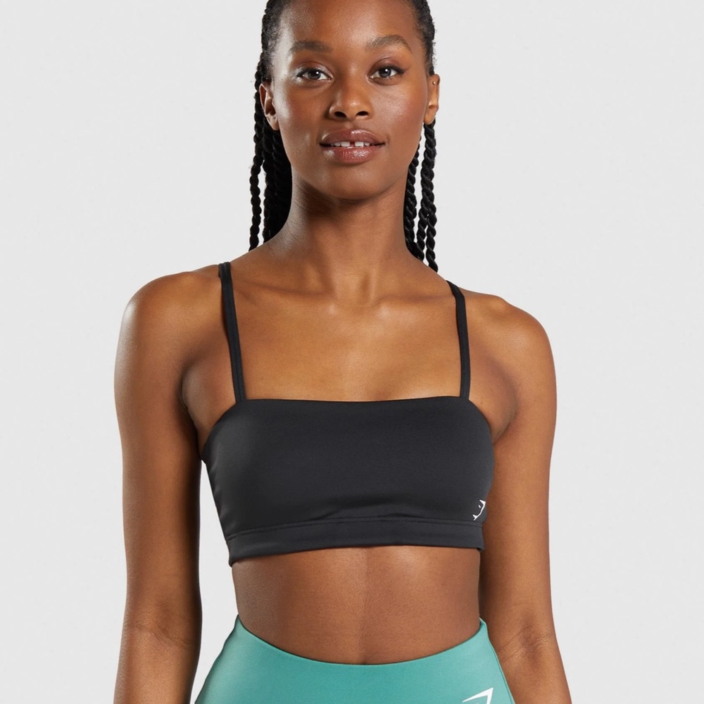 Gymshark Bandeau Sports Bra in black, size small.